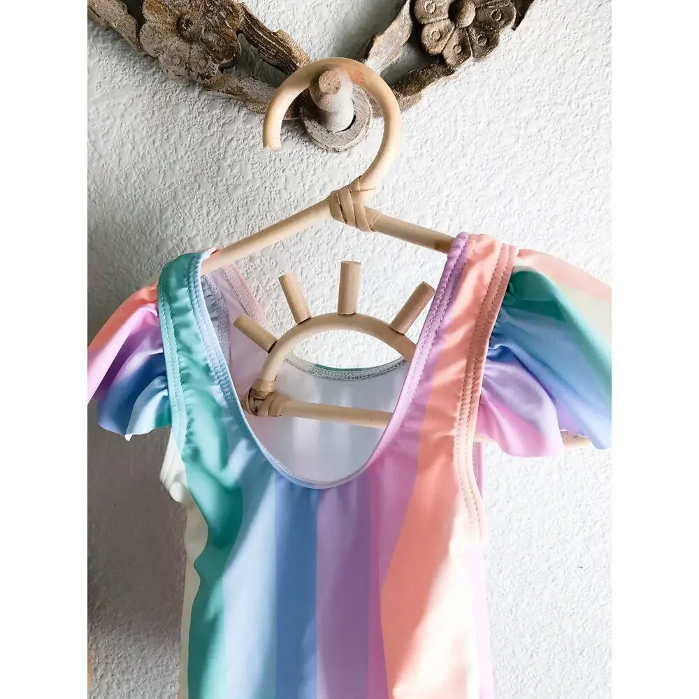 New Darling Pastel Stripe Rainbow Flutter Slv Swimsuit 3T
